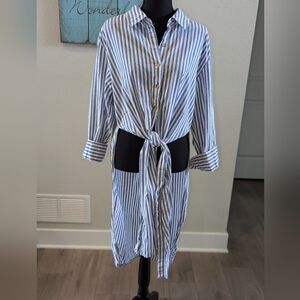 Vintage Havana Striped Button Down Shirt with Tie Front High Low